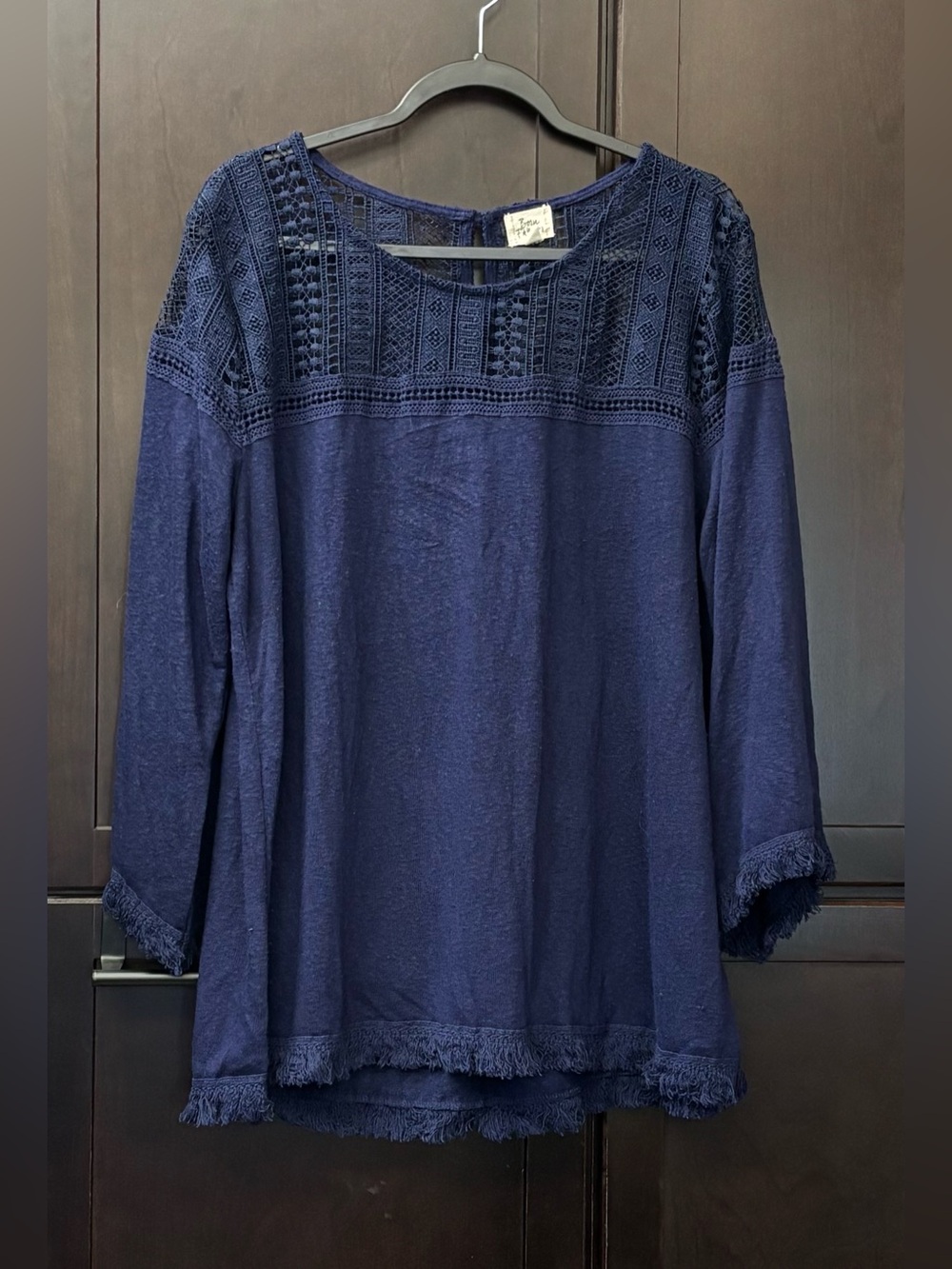 Navy Sweater with Crochet Detail.